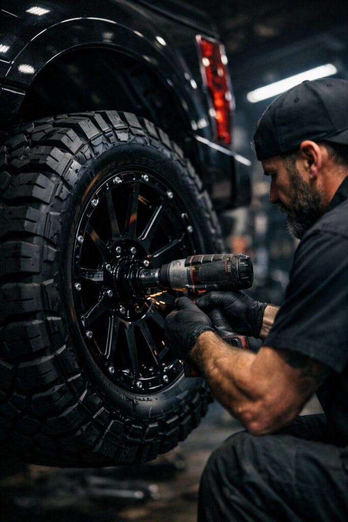 Close-up action shot of an experienced automotive technician using an impact wrench to install black aftermarket wheels on a new lifted truck inside a dark, moody auto shop.