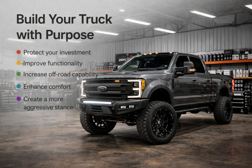 Custom lifted pickup truck inside a professional truck accessories installation shop in Denham Springs, Louisiana, showcasing wheels, tires, suspension upgrades, and heavy-duty bumper enhancements.