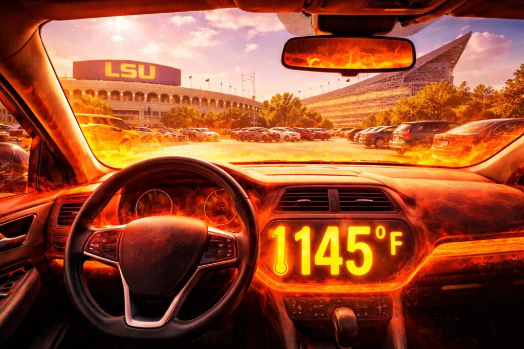 Car interior temperature reaching 145°F in a Baton Rouge parking lot without window tint near LSU Tiger Stadium