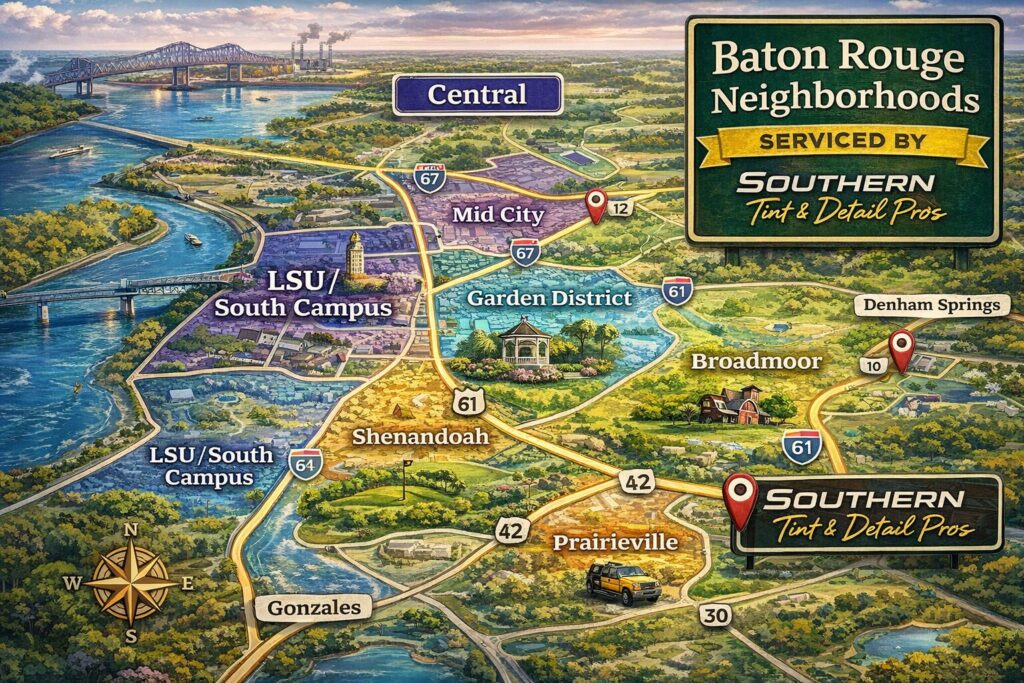 Map showing Baton Rouge neighborhoods served by Southern Tint & Detail Pros including LSU, Mid City, Shenandoah, Prairieville, Central, and Gonzales