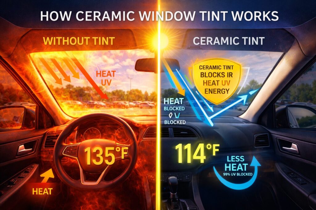 Diagram showing how ceramic window tint blocks infrared heat and UV rays to keep vehicle interiors cooler
