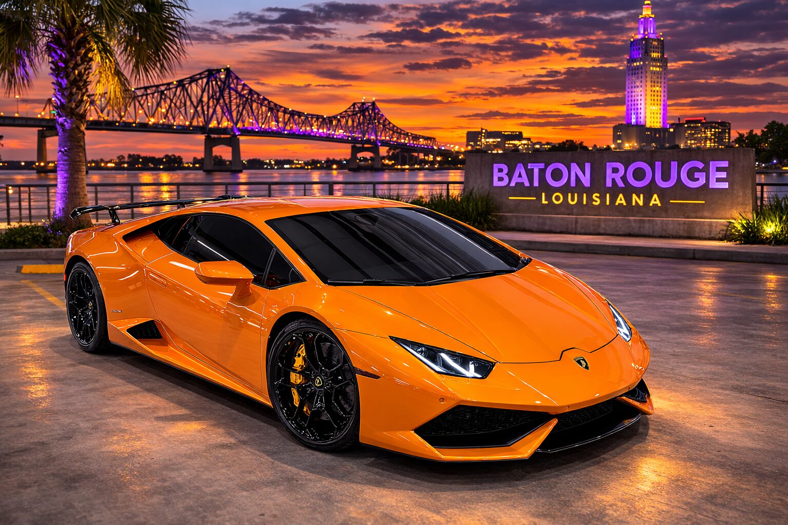 Orange Lamborghini Huracan with ceramic window tint photographed in Baton Rouge Louisiana