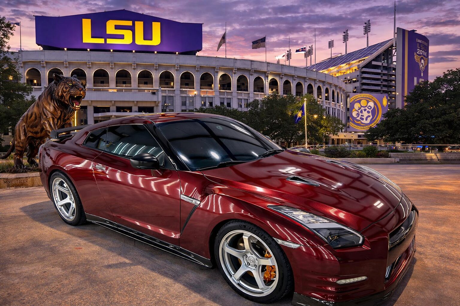 Nissan GT-R with dark ceramic window tint near LSU Tiger Stadium in Baton Rouge Louisiana