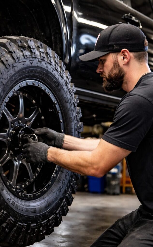 Technician installing Nitto Mud Grappler tire on lifted truck in automotive shop