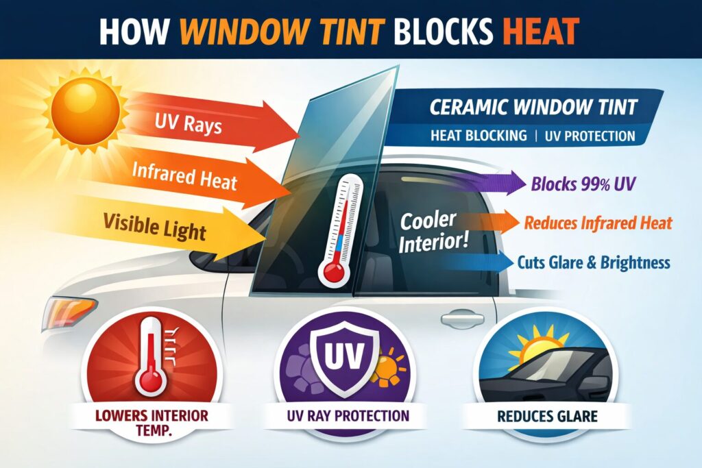 Diagram showing how ceramic window tint blocks infrared heat and UV rays to keep a vehicle interior cooler