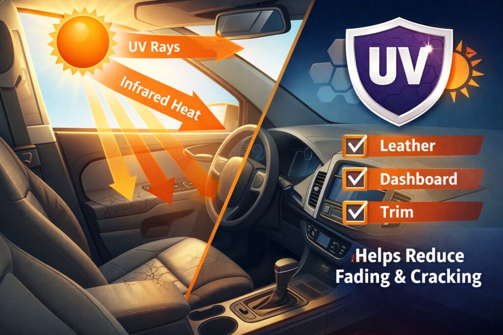 Diagram showing how window tint helps protect car interiors from UV rays that cause fading and cracking in leather, dashboards, and trim